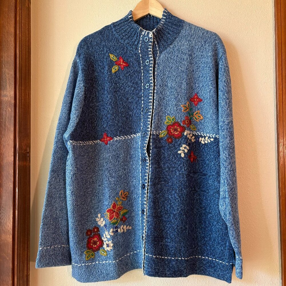 Blue Embroidered Women's Cardigan Sweater